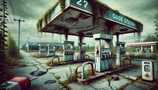 Abandoned gas station, overgrown with weeds and vines.