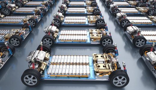 3d rendering group of electric cars with pack of battery cells module on platform in a row